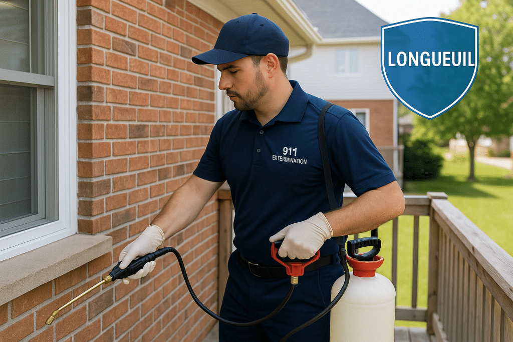 exterminateur-a-longueuil-service-gestion-parasitaire Technicien exterminateur à Longueuil intervenant pour une infestation dans une maison résidentielle