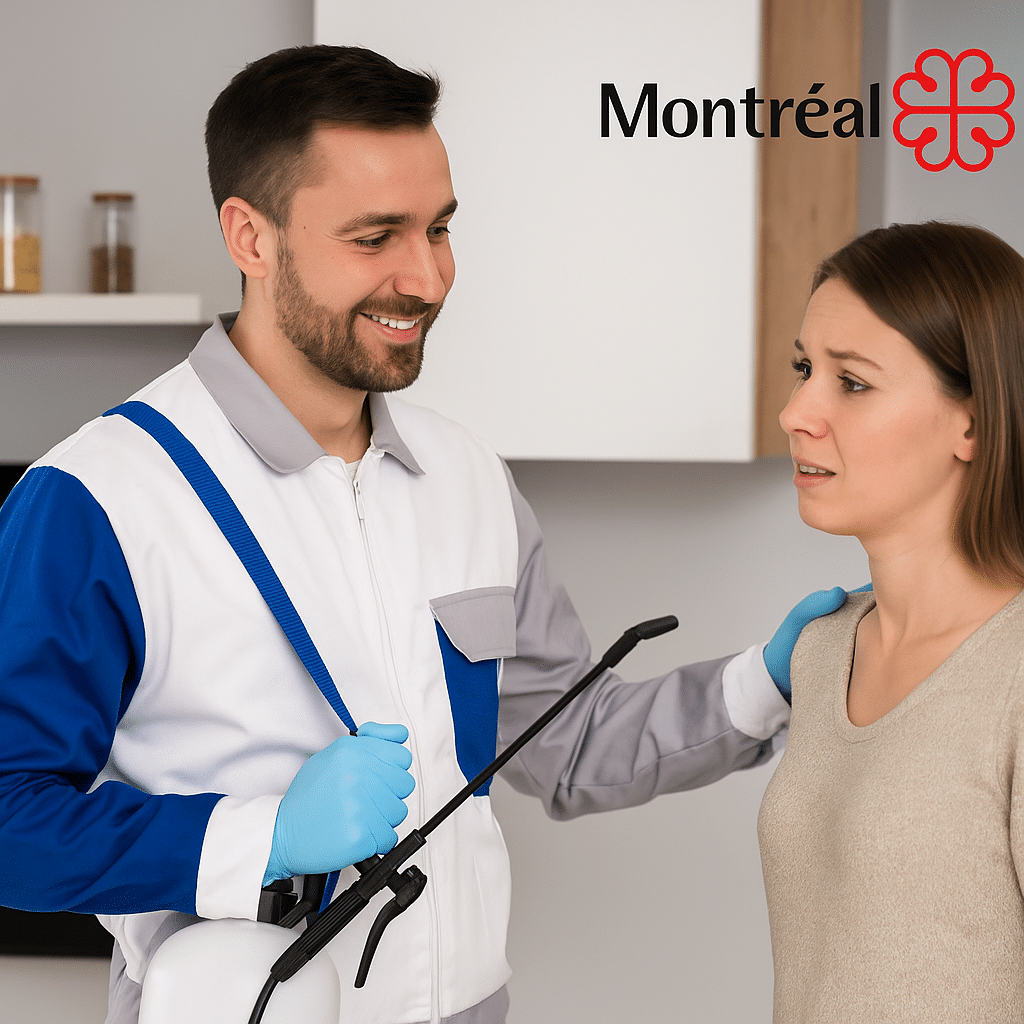 Technicien en extermination échangeant avec une cliente inquiète dans un appartement à Montréal
