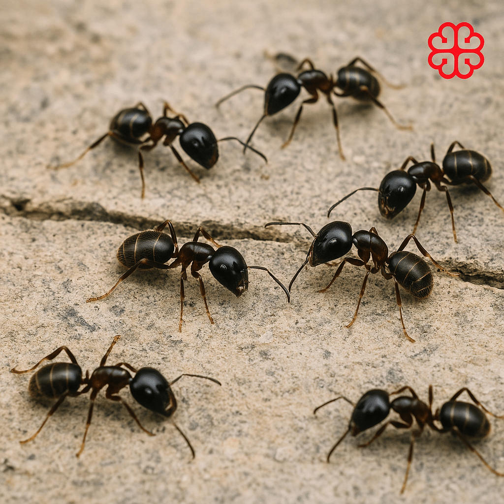 Fourmis charpentières sur une surface en béton, typiques des infestations à Montréal