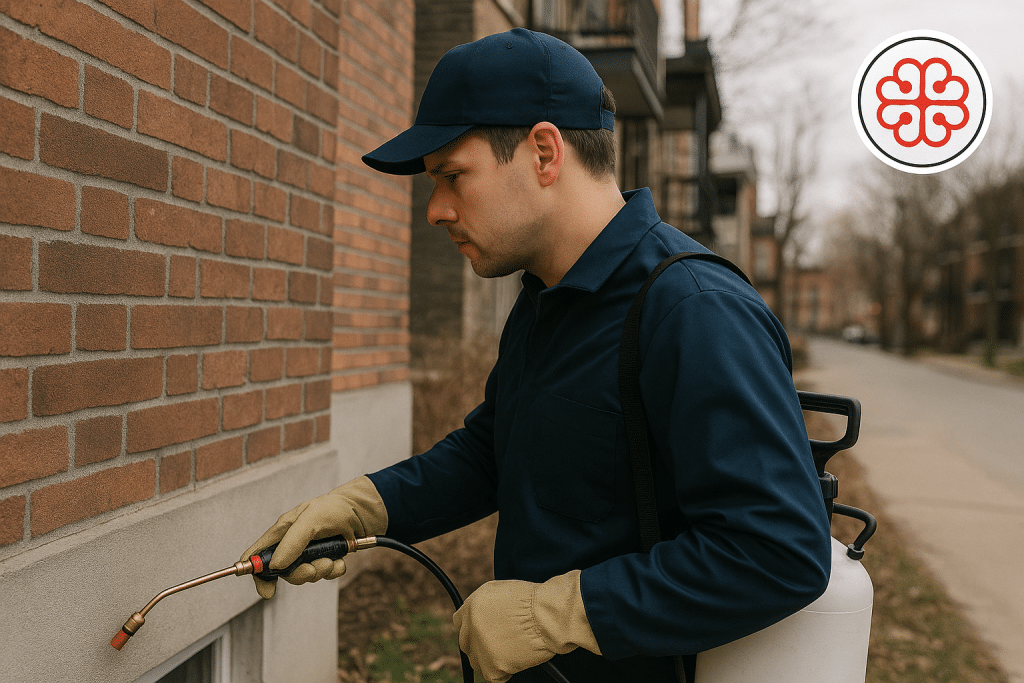 Exterminateur à Montréal appliquant un traitement contre les fourmis ou autres nuisibles extérieurs
